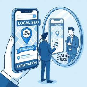 スマホで見ている1位の順位（幻）と、鏡に映った本当の順位（現実）」を表現